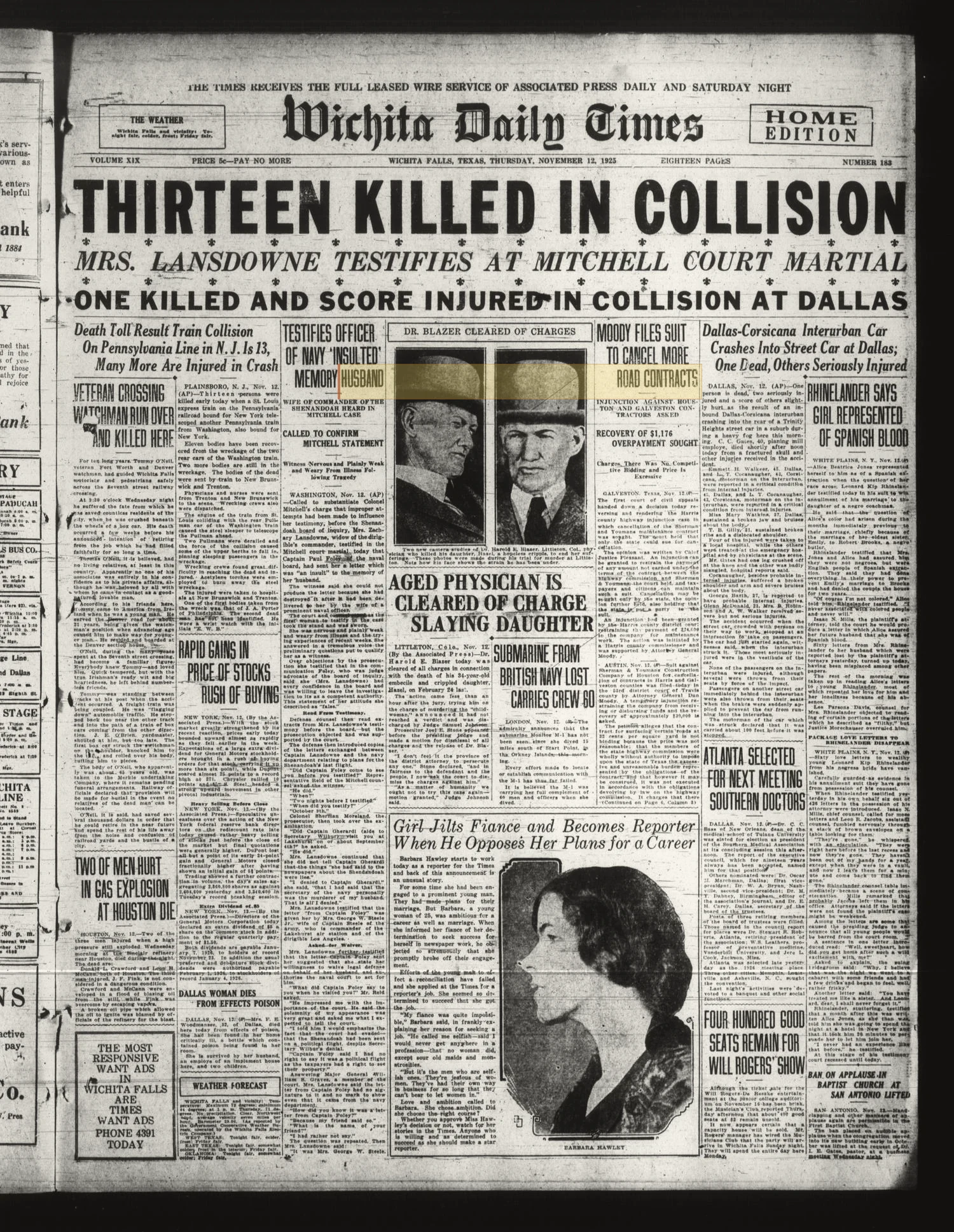 Wichita Daily Times (Wichita Falls, Tex.), Vol. 19, No. 183, Ed. 1 Thursday, November 12, 1925